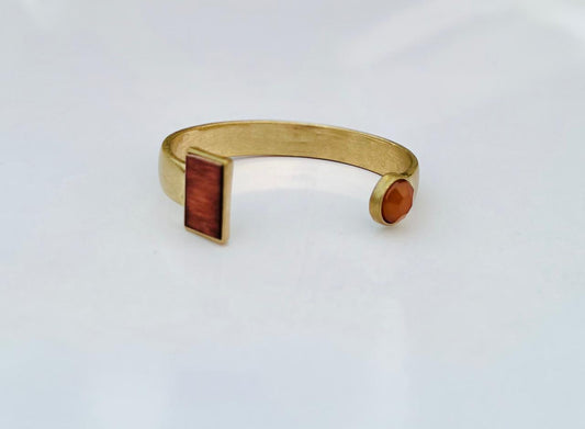 Minimalist Brass Cuff Bracelet with Red Stone and Wood Inlay